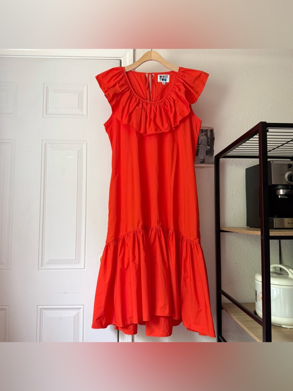 WHIT red cotton ruffle sleeveless keyhole back peplum hem midi dress